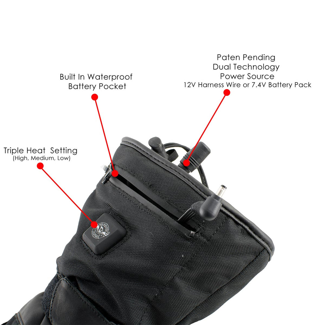 Milwaukee Leather MG17501SET Men’s Heated Black Leather/Textile Winter Gloves /Harness Wire and i-Touch