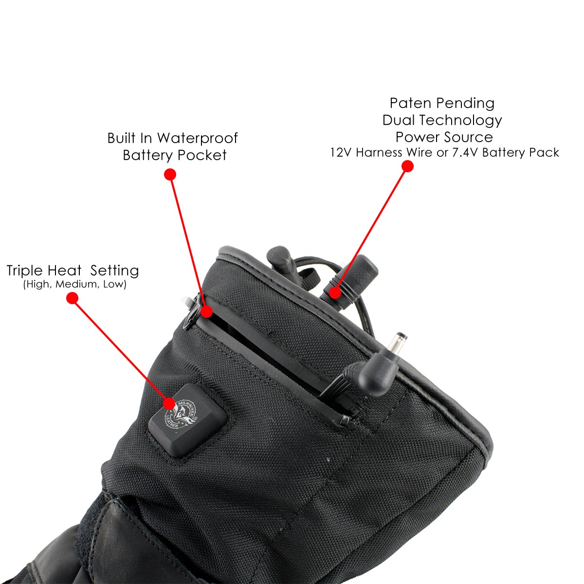 Milwaukee Leather MG17501SET Men’s Heated Black Leather/Textile Winter Gloves /Harness Wire and i-Touch