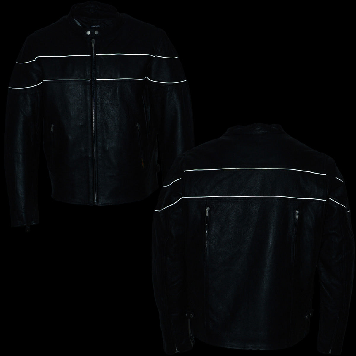 XKM1004 Men's Black Leather Vented Jacket with Reflective Piping