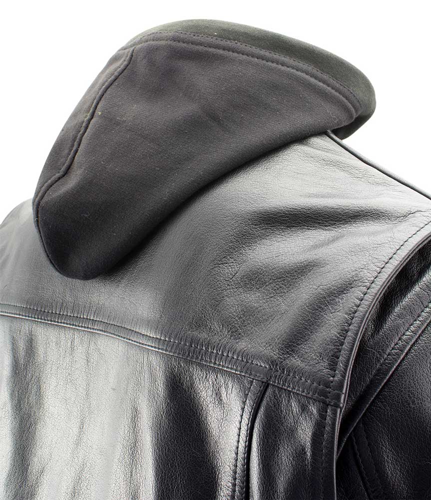 Xelement XS1025 Men’s 'Cross Rake' Black Snap Front Leather Shirt Jacket with Removable Hoodie