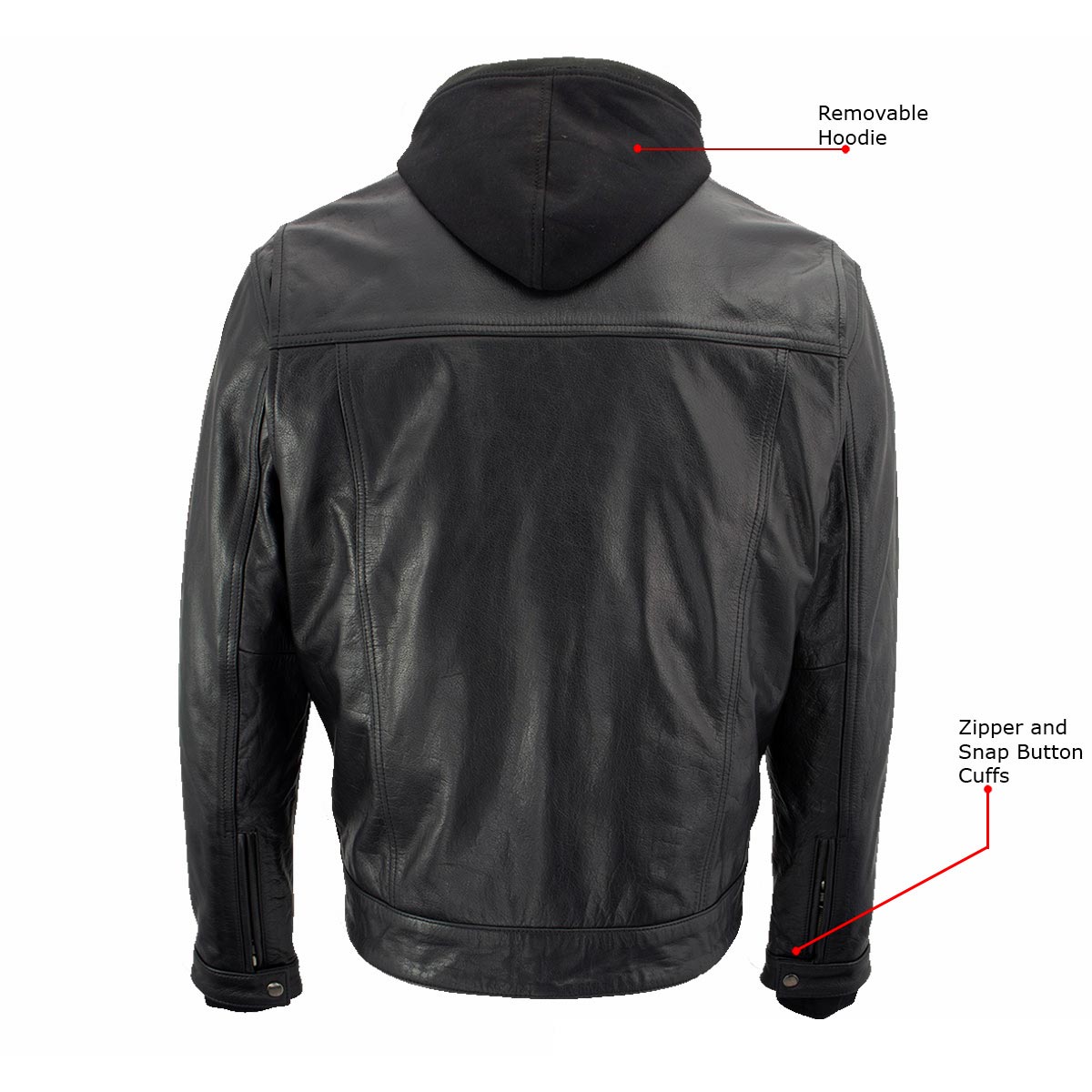 Xelement XS1025 Men’s 'Cross Rake' Black Snap Front Leather Shirt Jacket with Removable Hoodie