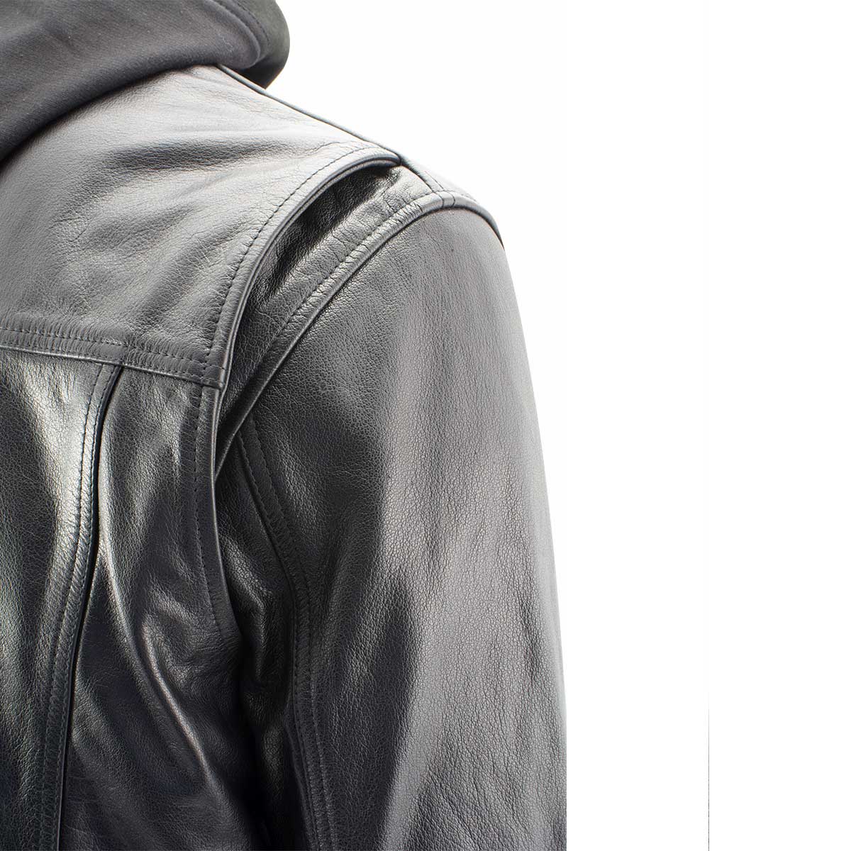 Xelement XS1025 Men’s 'Cross Rake' Black Snap Front Leather Shirt Jacket with Removable Hoodie