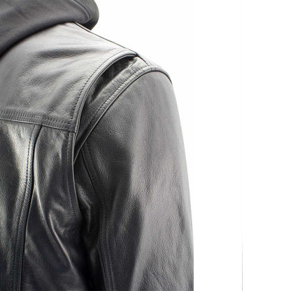 Xelement XS1025 Men’s 'Cross Rake' Black Snap Front Leather Shirt Jacket with Removable Hoodie