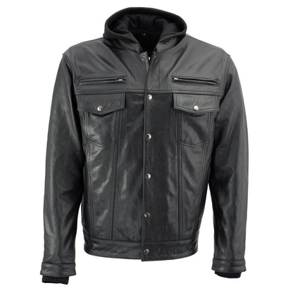 Xelement XS1025 Men’s 'Cross Rake' Black Snap Front Leather Shirt Jacket with Removable Hoodie