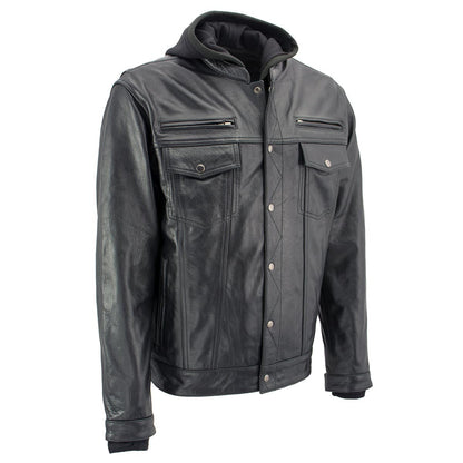 Xelement XS1025 Men’s 'Cross Rake' Black Snap Front Leather Shirt Jacket with Removable Hoodie