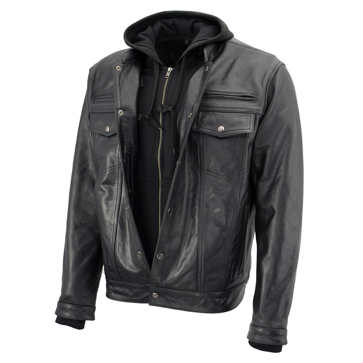 Xelement XS1025 Men’s 'Cross Rake' Black Snap Front Leather Shirt Jacket with Removable Hoodie