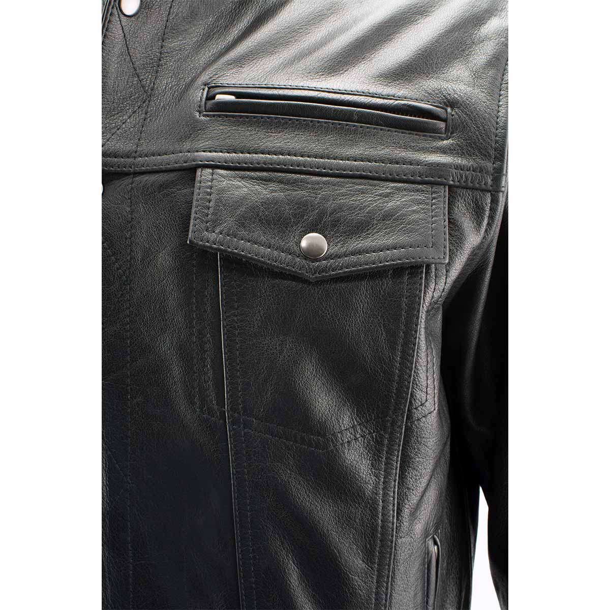 Xelement XS1025 Men’s 'Cross Rake' Black Snap Front Leather Shirt Jacket with Removable Hoodie