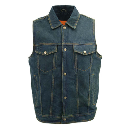 Men’s XS107 Classic Blue Snap Front Denim Vest with Shirt Style Collar