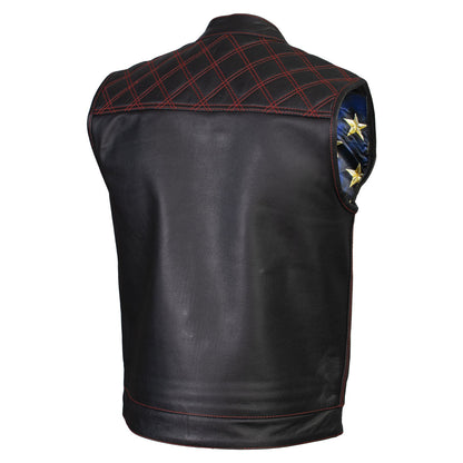 Xelement ‘Gold Series’ XS13002 Men's 'Stars and Stripes’ Black Leather Motorcycle Biker Vest with USA Flag Liner