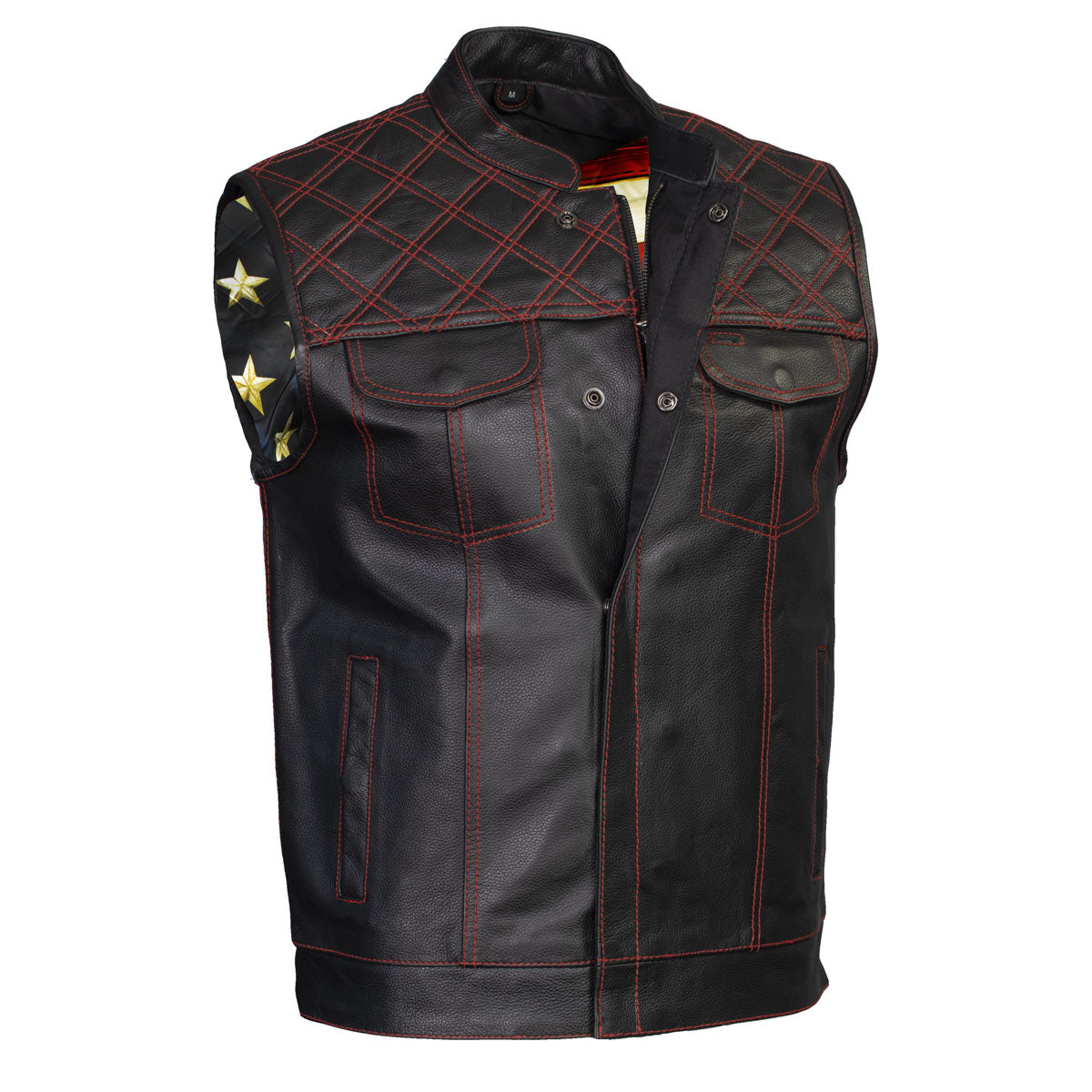 Xelement ‘Gold Series’ XS13002 Men's 'Stars and Stripes’ Black Leather Motorcycle Biker Vest with USA Flag Liner