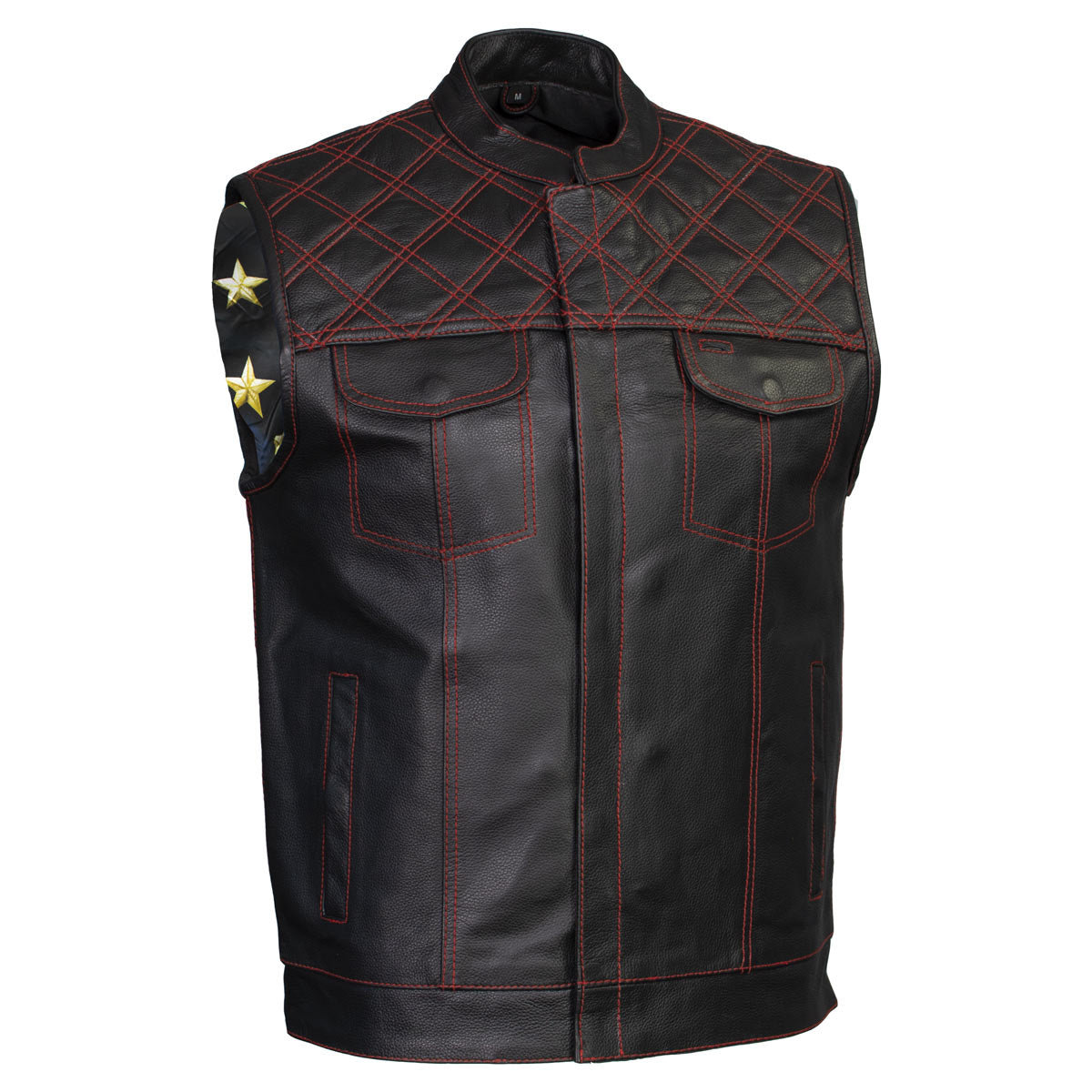 Xelement ‘Gold Series’ XS13002 Men's 'Stars and Stripes’ Black Leather Motorcycle Biker Vest with USA Flag Liner