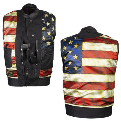 Xelement ‘Gold Series’ XS13002 Men's 'Stars and Stripes’ Black Leather Motorcycle Biker Vest with USA Flag Liner