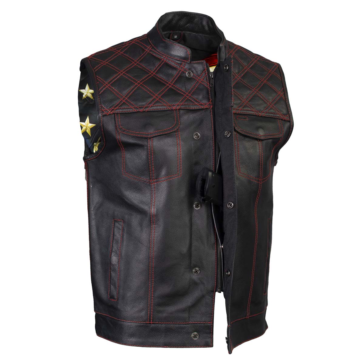 Xelement ‘Gold Series’ XS13002 Men's 'Stars and Stripes’ Black Leather Motorcycle Biker Vest with USA Flag Liner