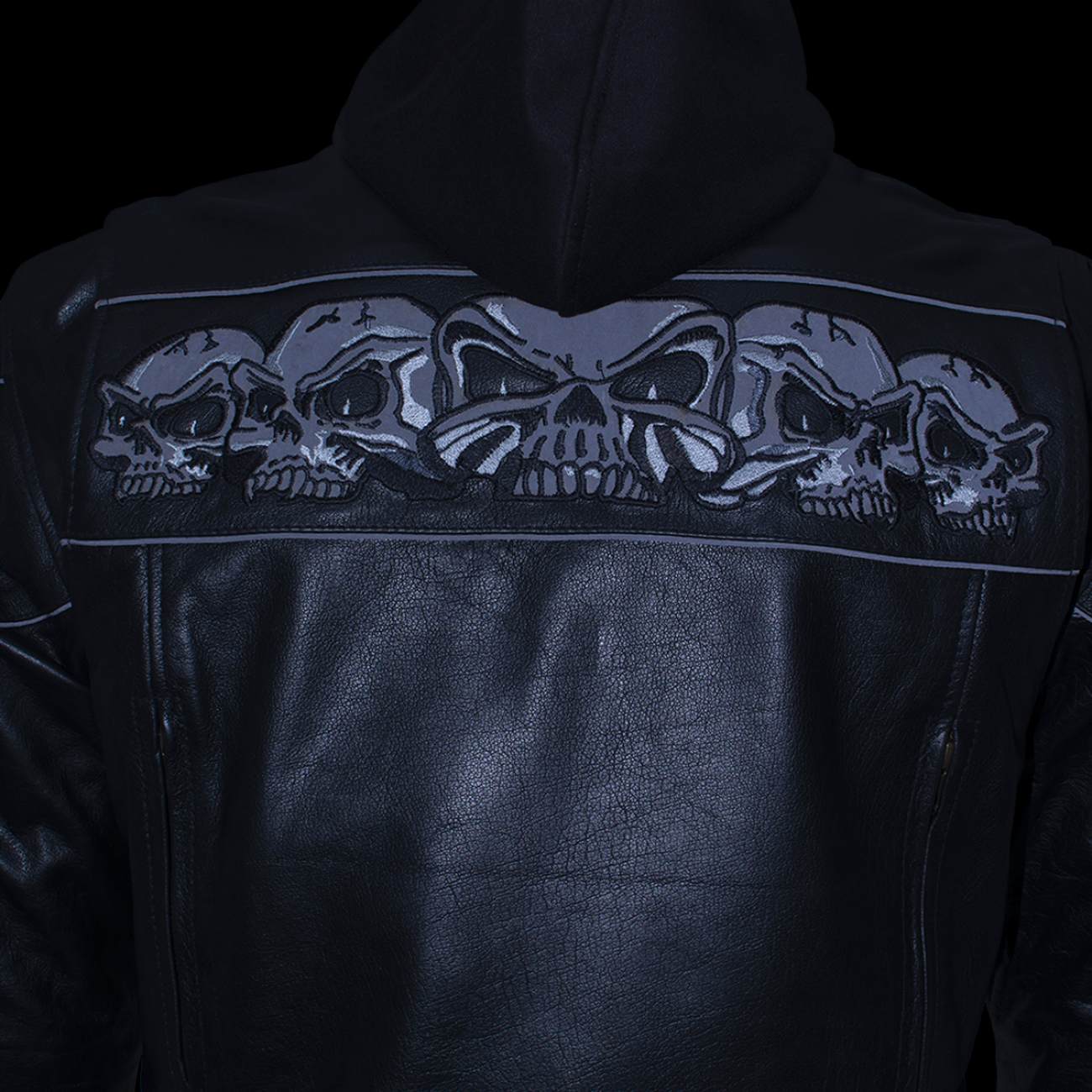 Xelement XS1504 Men's ‘Futile’ Black Leather CE Armored Motorcycle Hooded Jacket with Reflective Skulls