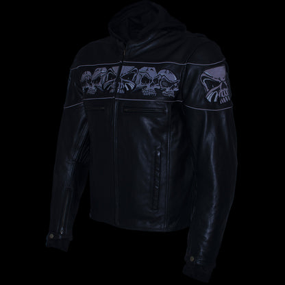 Xelement XS1504 Men's ‘Futile’ Black Leather CE Armored Motorcycle Hooded Jacket with Reflective Skulls