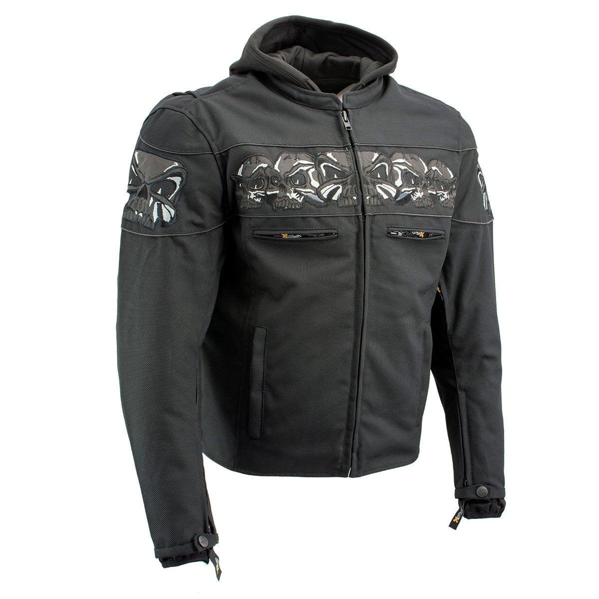 Xelement Men’s Vengeance Black Armored Textile Motorcycle Jacket w/Skull Embroidery XS1704