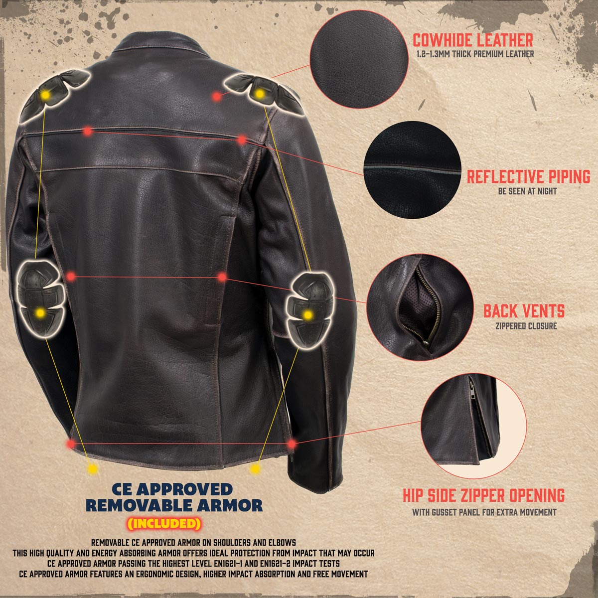 Milwaukee Leather LKL27006 Women's Premium Distress Brown Leather Motorcycle Biker Jacket w/ CE Armor Protection