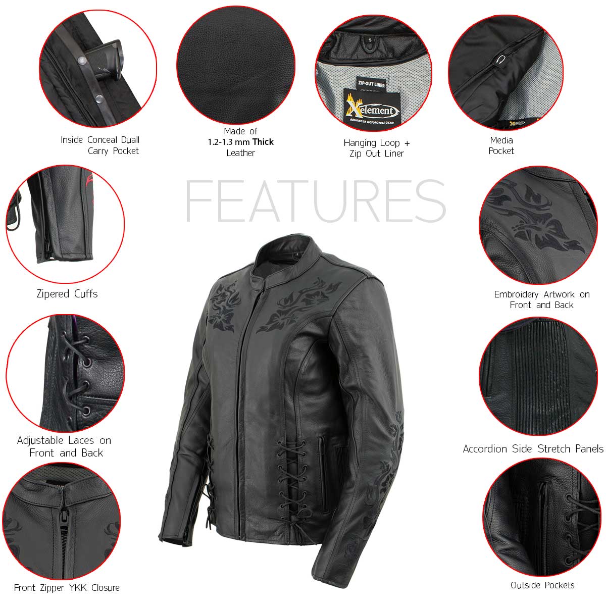 Xelement XS2030 Women's 'Gemma' Biker Solid Black Leather Embroidered Jacket with X-Armor Protection