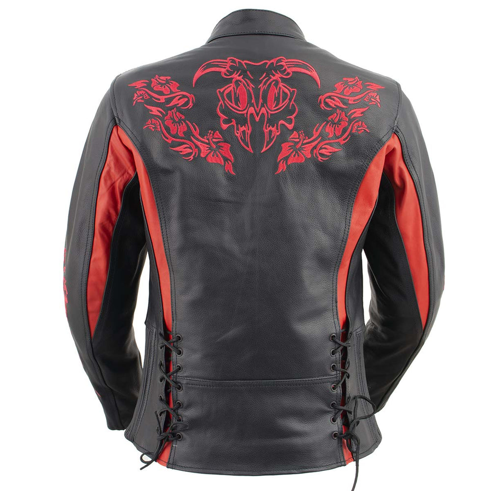 Milwaukee Leather LKL27003 Women's Premium Black and Red Leather Embroidered Jacket with CE Armor Protection
