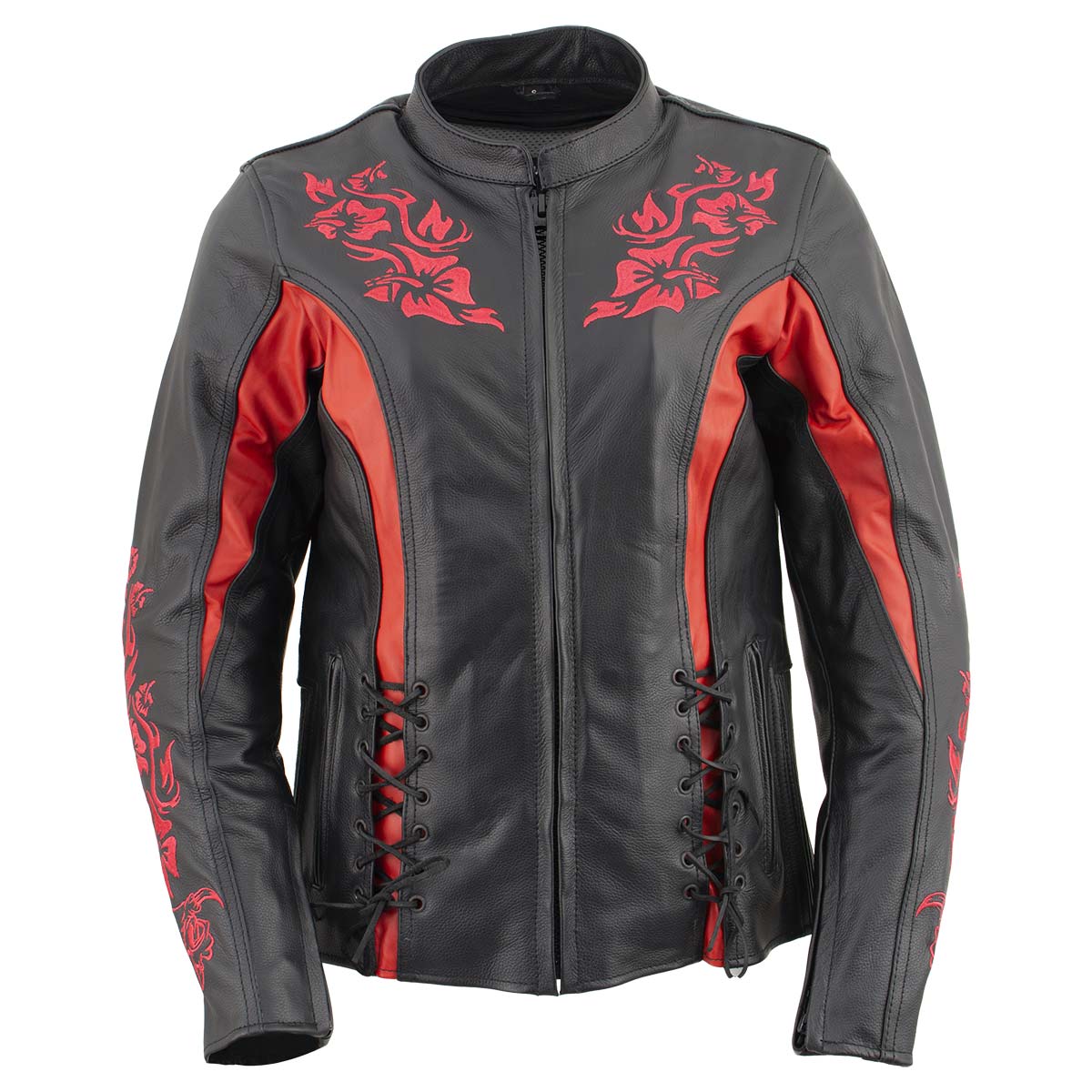 Milwaukee Leather LKL27003 Women's Premium Black and Red Leather Embroidered Jacket with CE Armor Protection