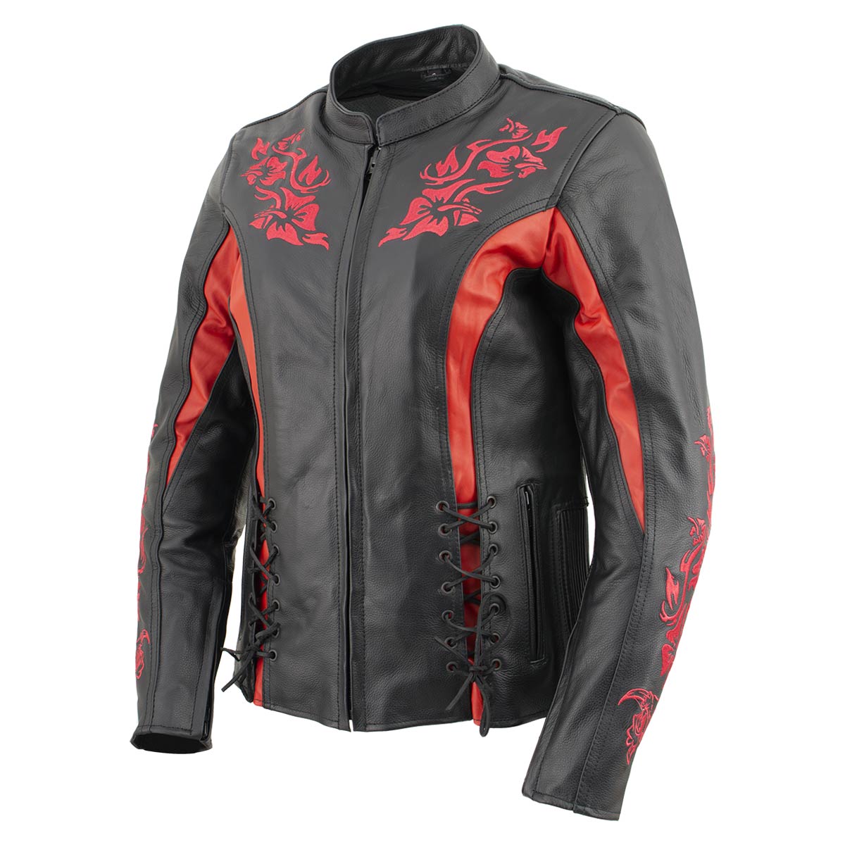 Milwaukee Leather LKL27003 Women's Premium Black and Red Leather Embroidered Jacket with CE Armor Protection