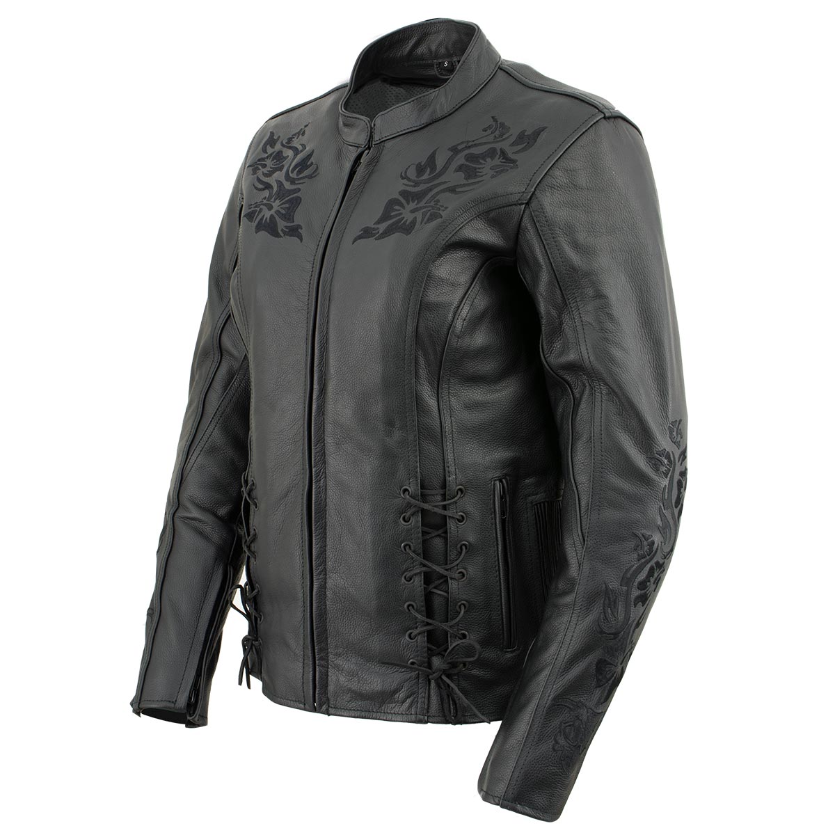 Xelement XS2030 Women's 'Gemma' Biker Solid Black Leather Embroidered Jacket with X-Armor Protection