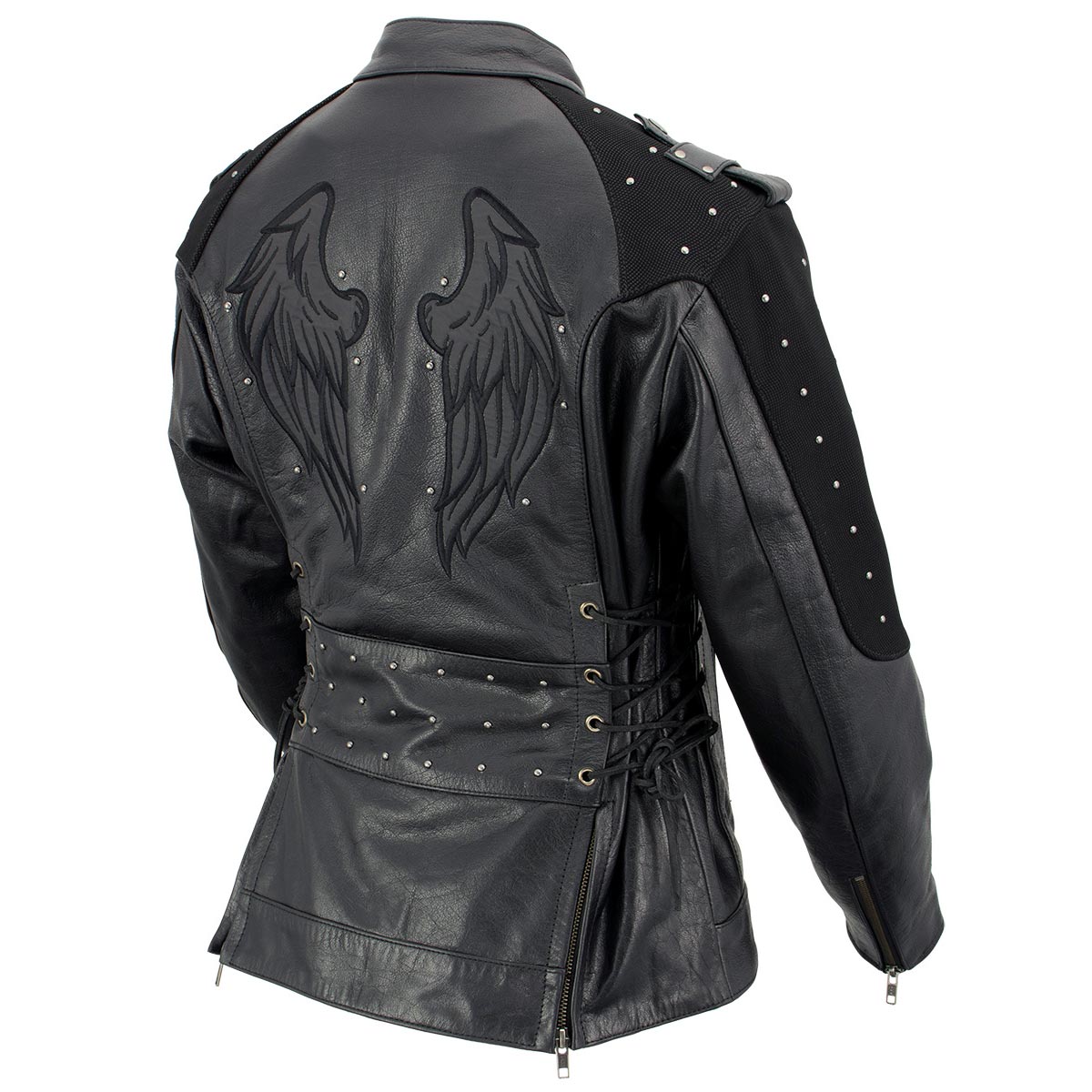 Milwaukee Leather LKL27005 Women's Scuba Style Black Leather Motorcycle Biker Jacket w/ Reflective Wings and Studs