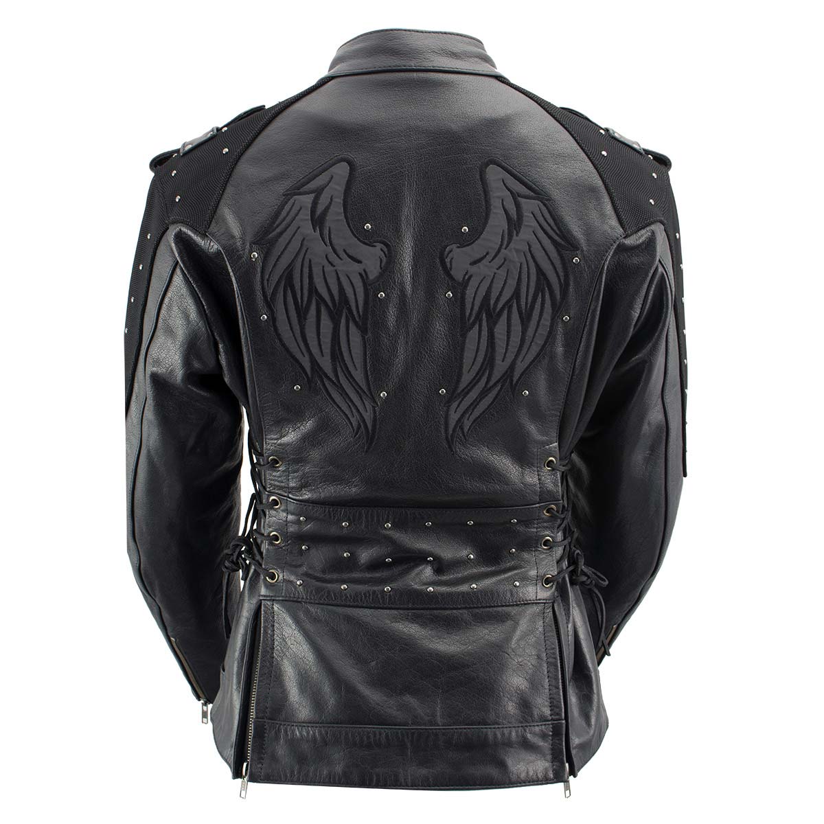 Xelement Women's Scuba Black Leather Motorcycle Biker Jacket with Reflective Wings and Studs XS22001