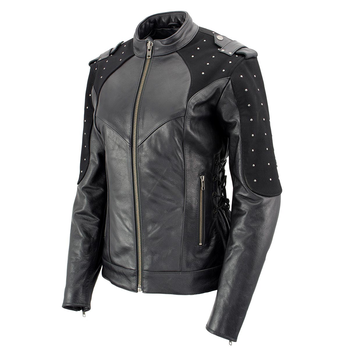 Milwaukee Leather LKL27005 Women's Scuba Style Black Leather Motorcycle Biker Jacket w/ Reflective Wings and Studs
