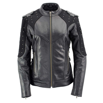 Xelement Women's Scuba Black Leather Motorcycle Biker Jacket with Reflective Wings and Studs XS22001