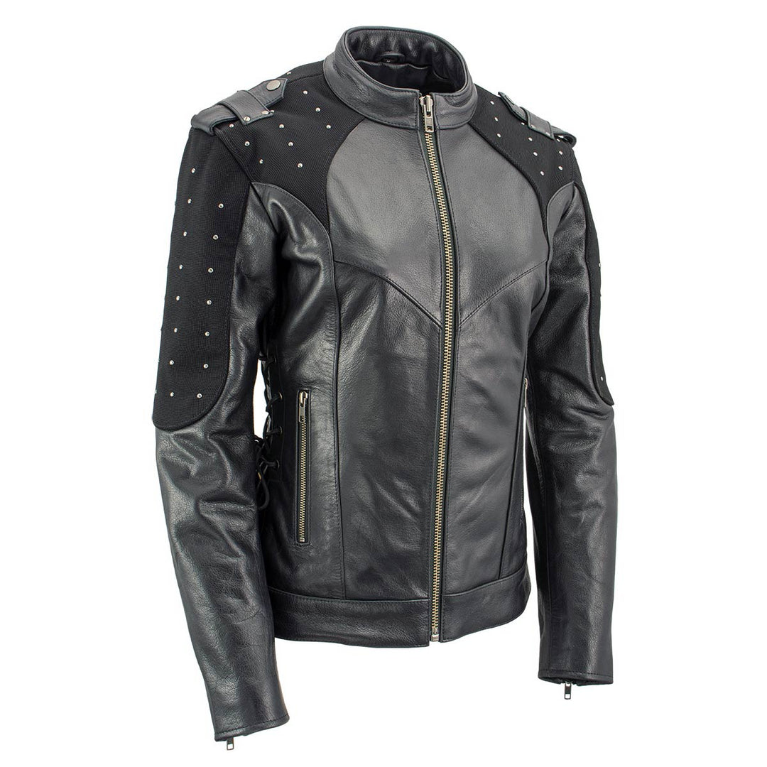 Milwaukee Leather LKL27005 Women's Scuba Style Black Leather Motorcycle Biker Jacket w/ Reflective Wings and Studs