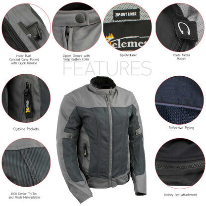 Xelement Women's Shade Grey Textile and Mesh Scooter Motorcycle Biker Jacket with X-Armor XS22012