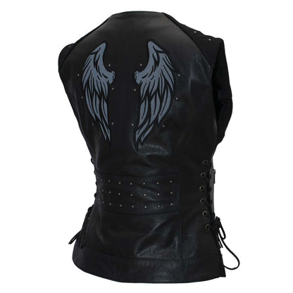 Xelement XS24001 Women's ‘Winged’ Black Studded Motorcycle Rider Leather Vest with Reflective Wings