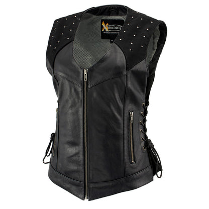 Xelement XS24001 Women's ‘Winged’ Black Studded Motorcycle Rider Leather Vest with Reflective Wings