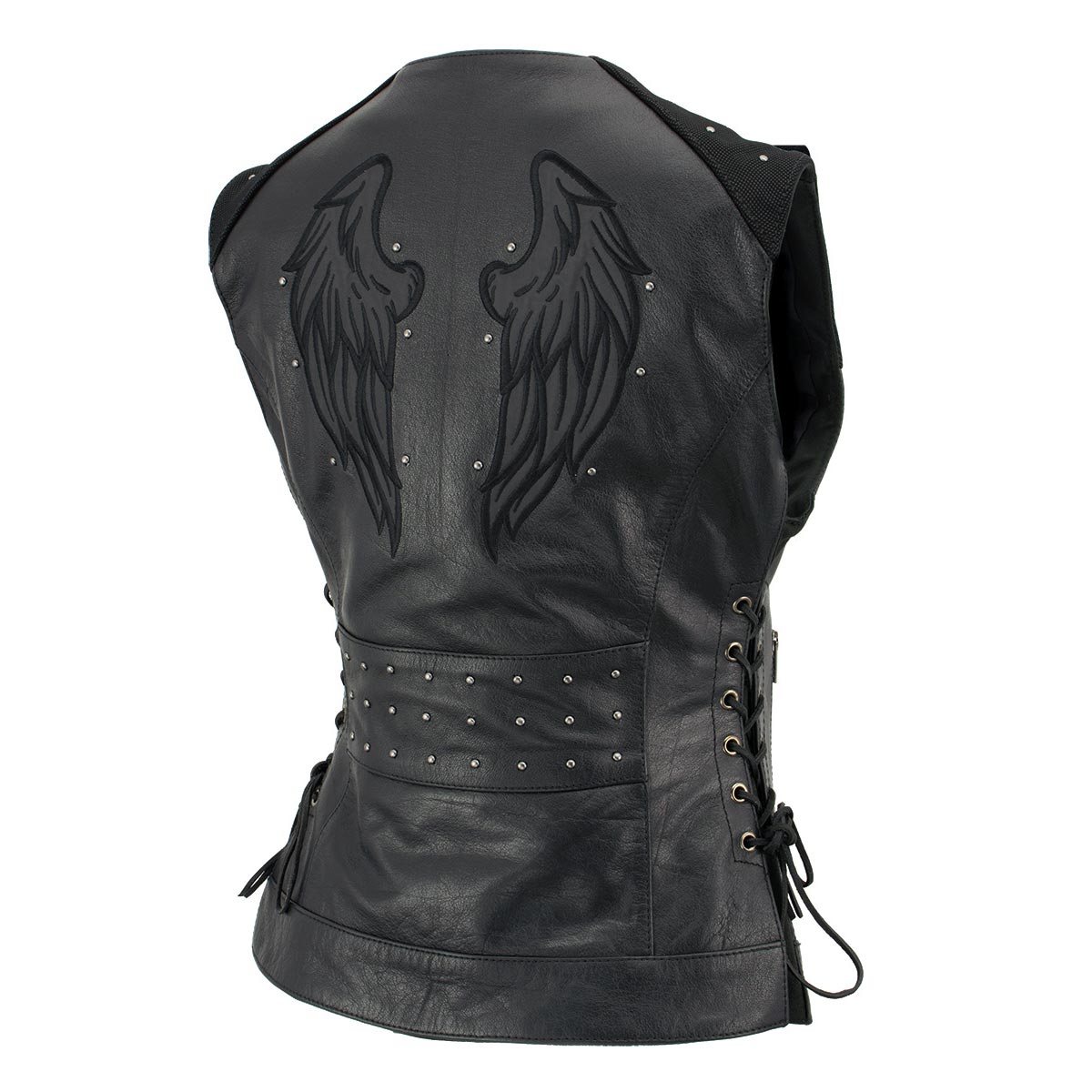 Xelement XS24001 Women's ‘Winged’ Black Studded Motorcycle Rider Leather Vest with Reflective Wings