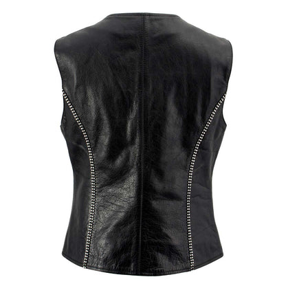 Xelement XS24002 Women's 'Bling' Black Leather V-Neck Motorcycle Rider Vest with Rhinestone Bling Detail