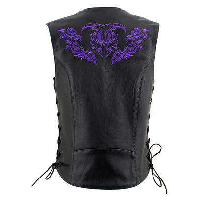 Xelement XS24005 Women's ‘Gemma’ Black and Purple Motorcycle Rider Leather Vest with Side Laces