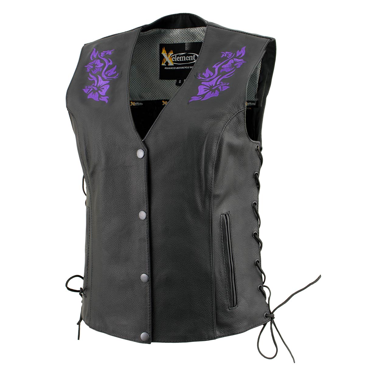 Xelement XS24005 Women's ‘Gemma’ Black and Purple Motorcycle Rider Leather Vest with Side Laces