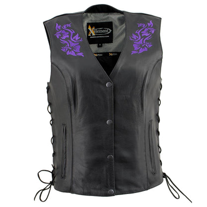 Xelement XS24005 Women's ‘Gemma’ Black and Purple Motorcycle Rider Leather Vest with Side Laces