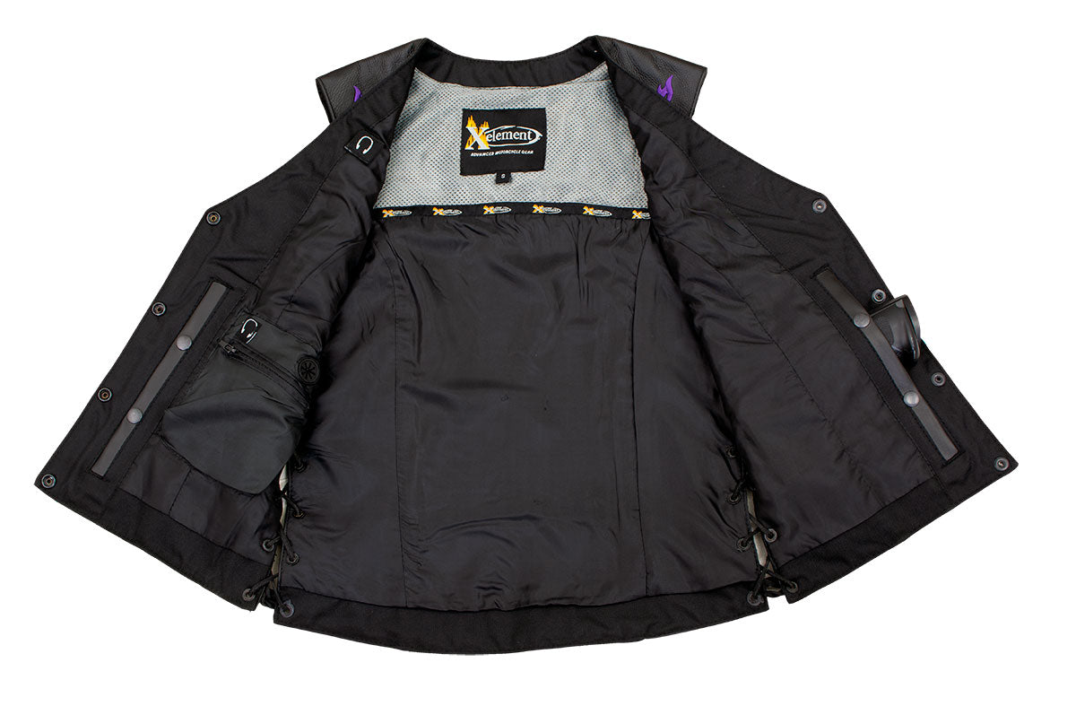 Xelement XS24005 Women's ‘Gemma’ Black and Purple Motorcycle Rider Leather Vest with Side Laces