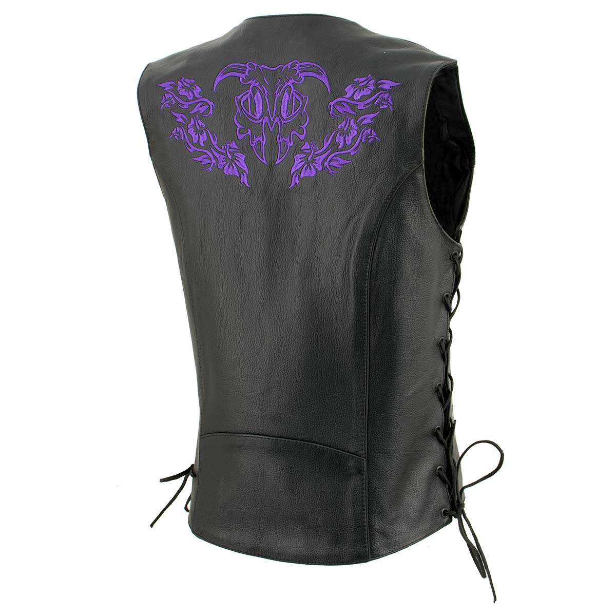 Xelement XS24005 Women's ‘Gemma’ Black and Purple Motorcycle Rider Leather Vest with Side Laces