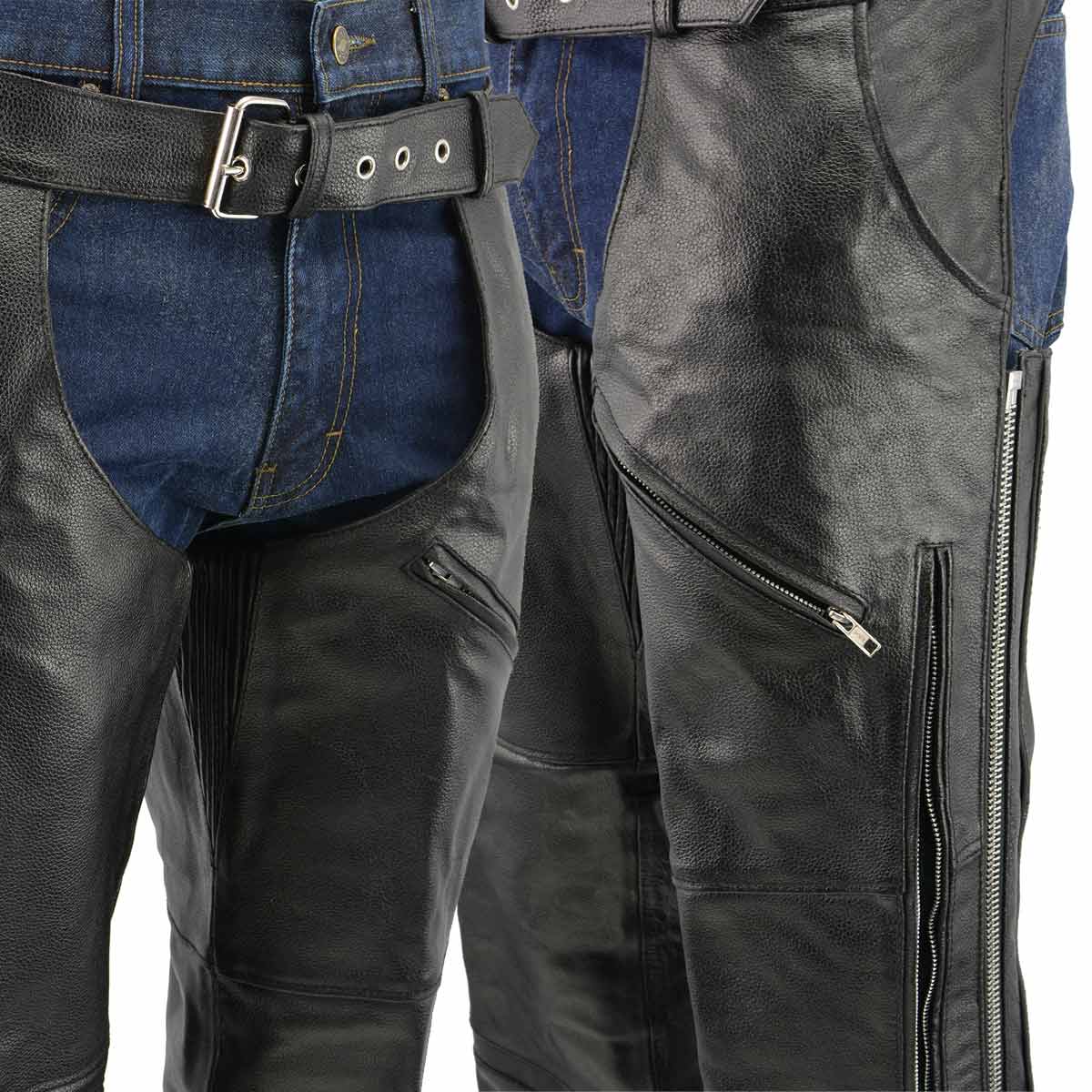 Men's XS303 Black Jean Style Vented Leather Chaps with Reflective
