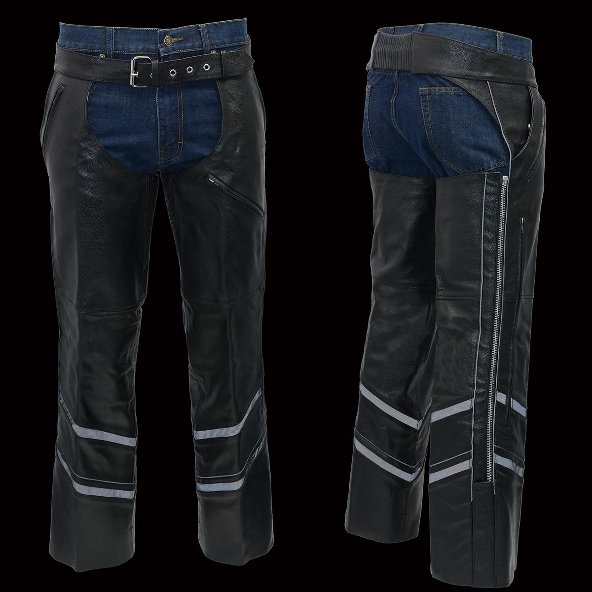 Men's XS303 Black Jean Style Vented Leather Chaps with Reflective