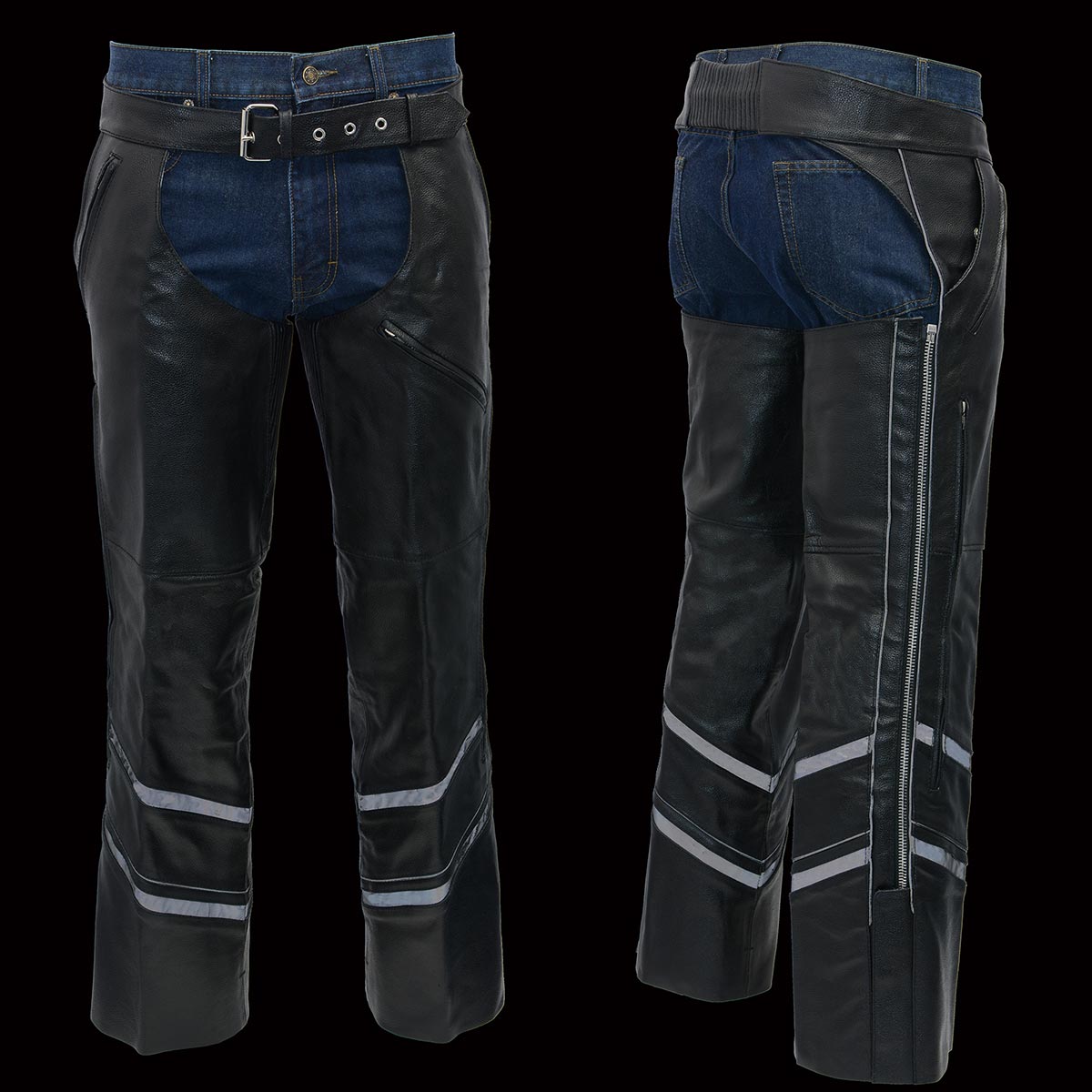 Men’s XS303 Black Jean Style Vented Leather Chaps with Reflective Material