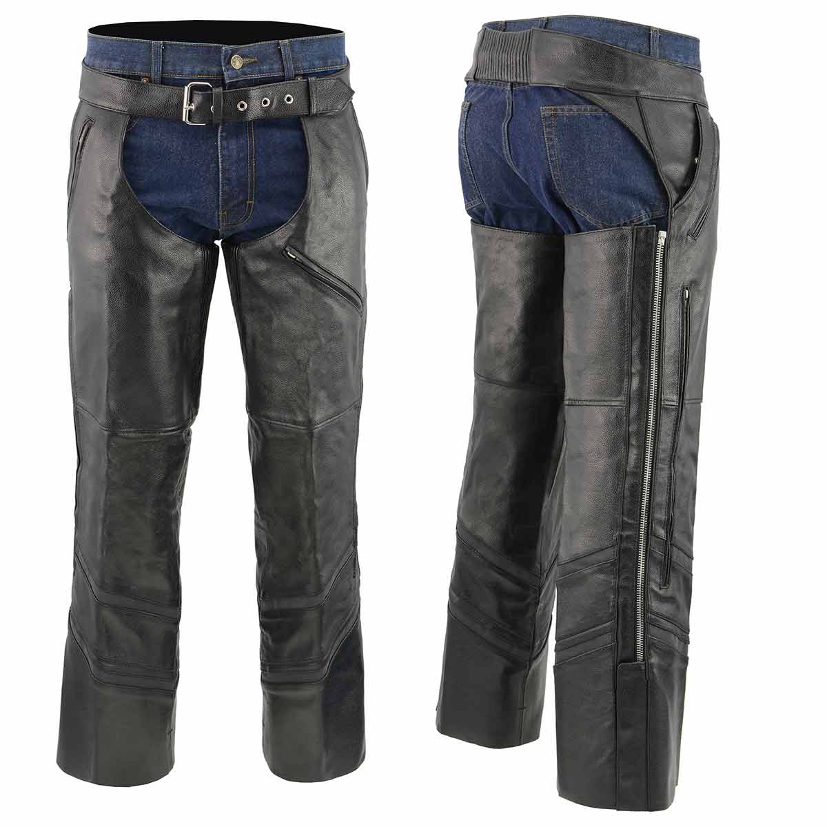 Men’s XS303 Black Jean Style Vented Leather Chaps with Reflective Material