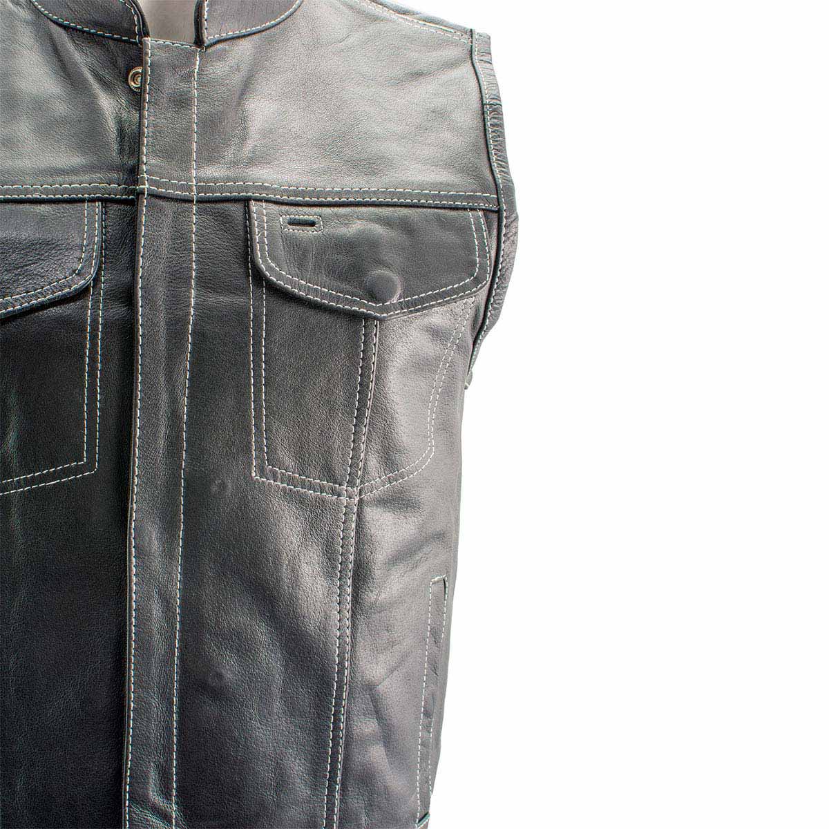 Milwaukee Leather LKM3781 Men's Black Premium Leather Motorcycle Biker Rider Vest w/ White Stitching and Paisley Liner