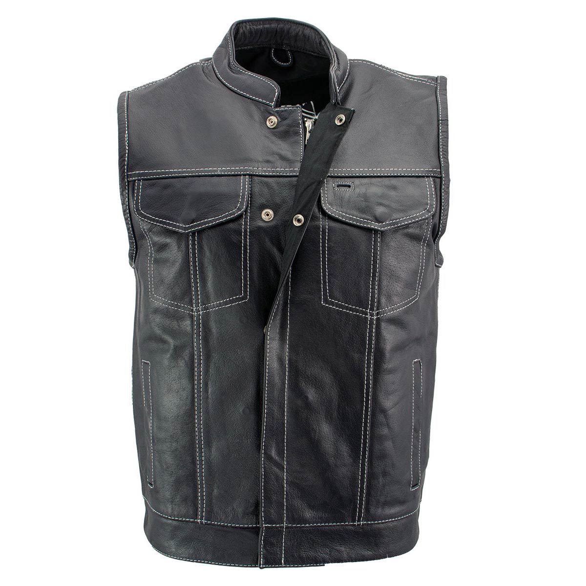 Milwaukee Leather LKM3781 Men's Black Premium Leather Motorcycle Biker Rider Vest w/ White Stitching and Paisley Liner