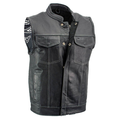 Xelement XS3450 Men's Black 'Paisley' Leather Motorcycle Biker Rider Vest with White Stitching