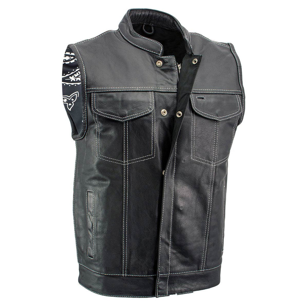 Milwaukee Leather LKM3781 Men's Black Premium Leather Motorcycle Biker Rider Vest w/ White Stitching and Paisley Liner