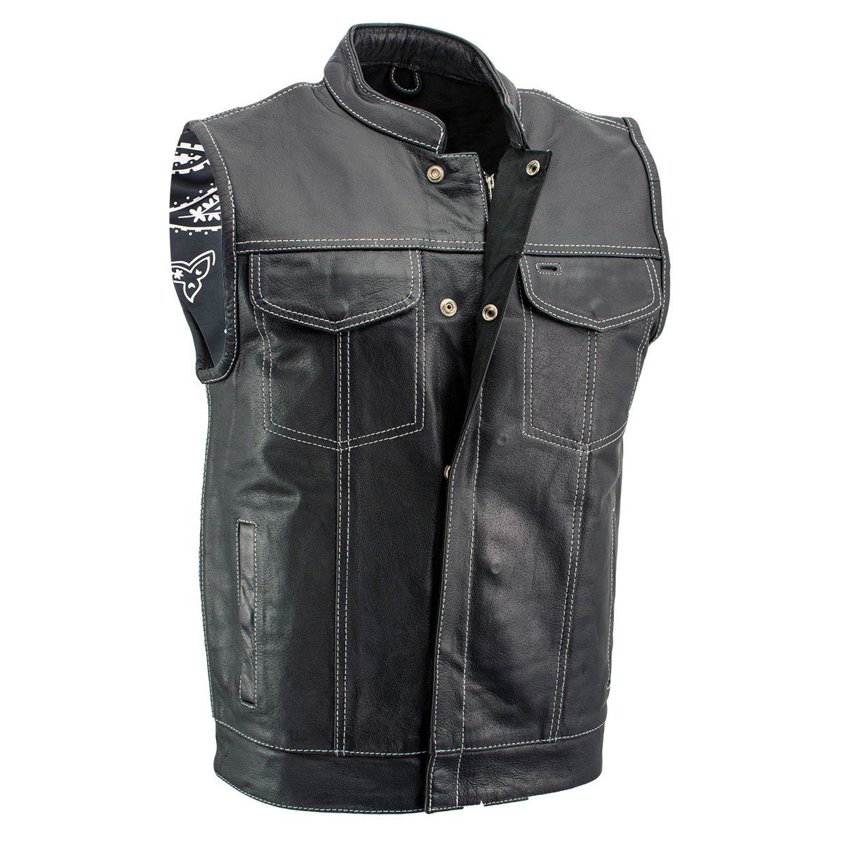 Milwaukee Leather LKM3781 Men's Black Premium Leather Motorcycle Biker Rider Vest w/ White Stitching and Paisley Liner